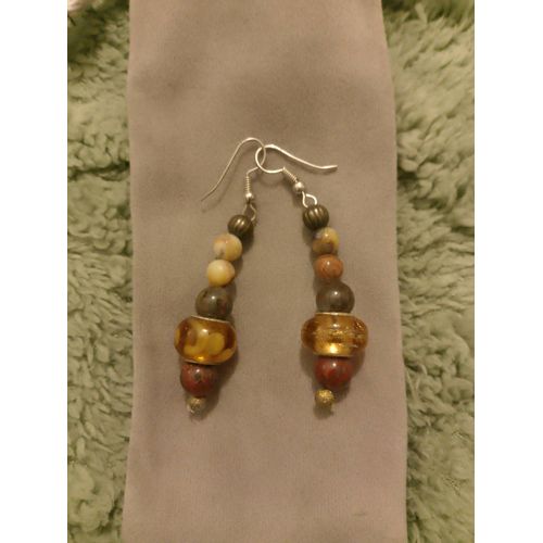 Boucles D'oreilles En Jaspes Marrons, Verre Orange Translucide, Mokaites Marrons/Crèmes Et Cuivre