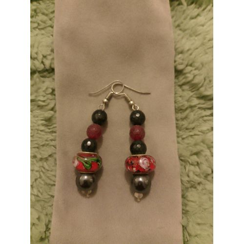Boucles D'oreilles En Hématites, Verre, Jades À Facettes