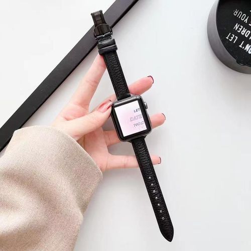 Bracelet En Cuir À Boucle Papillon Pour Apple Watch S8, Compatible Avec Iwatch7654se, Couleur Assortie, Motif Litchi, Fin Et Personnalisé, Pour Femme-Noir - 42 Mm/44 Mm/45 Mm/49 Mm