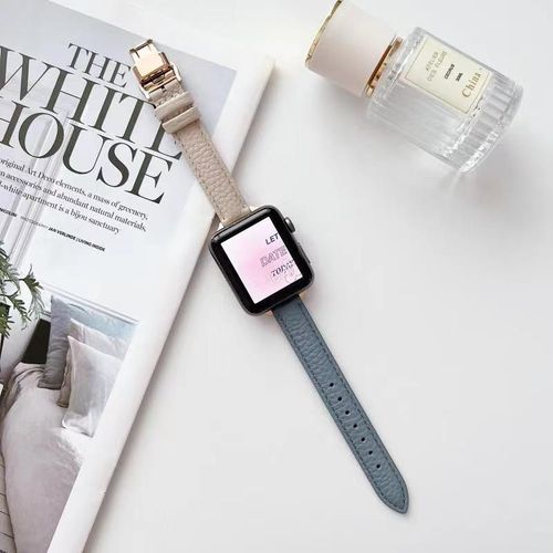 Bracelet En Cuir À Boucle Papillon Pour Apple Watch S8, Compatible Avec Iwatch7654se, Couleur Assortie, Motif Litchi, Fin Et Personnalisé, Pour Femme-Blanc Cassé Avec Bleu - 42 Mm/44 Mm/45 Mm/49 Mm