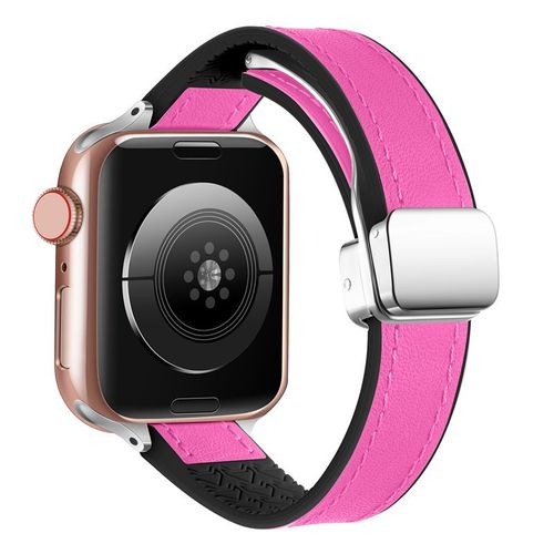 Boucle Magnétique En Cuir Véritable De Silicone Fin Et Souple Adaptée À L'apple Watch Apple S78 Génération 654se Niche Nouvelle 41-Version Mince Pliable - Base Noire Barbie Rose (Rose) - 38 Mm/40 Mm