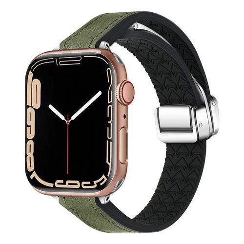 Boucle Magnétique En Cuir Véritable De Silicone Fin Et Souple Adaptée À L'apple Watch Apple S78 Génération 654se Niche Nouvelle 41-Version Mince Pliable - Motif Crazy Horse Vert - 42 Mm/44 Mm/45 Mm/
