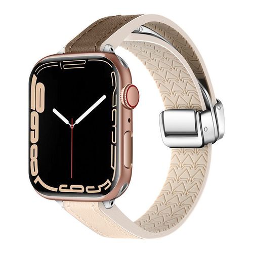 Boucle Magnétique En Cuir Véritable De Silicone Fin Et Souple Adaptée À L'apple Watch Apple S78 Génération 654se Niche Nouvelle 41-Version Mince Pliante - Marron Clair - 42 Mm/44 Mm/45 Mm/49 Mm