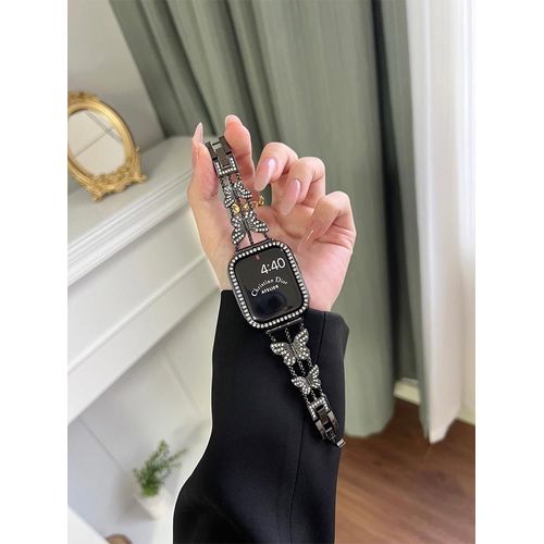 Chaîne De Bijoux En Métal Diamant Papillon Adaptée Au Bracelet Iwatch Apple Watch S78 Génération 6543se-Bracelet Noir + Boîtier Diamant - 41 Mm