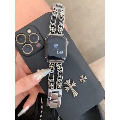 Applicable À La Montre Apple S9, Bracelet De Montre Applewatch Iwatch78 Génération, Personnalité Rétro Punk Métal Hommes Et Femmes-Argent Noir-42mm/44mm/45mm/49mm