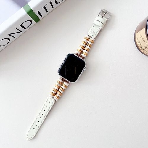 Convient Pour Apple Watch Bracelet De Montre Perlé De Couleur Bohème Iwatchs9765 Bracelet En Cuir Femme-Perles En Pierre Volcanique Ivoire - 42 Mm/44 Mm/45 Mm/49 Mm