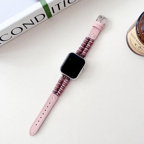Convient Pour Apple Watch Bracelet De Montre Perlé De Couleur Bohème Iwatchs9765 Bracelet En Cuir Femme-Perles De Pierre Volcanique En Poudre De Prune - 42 Mm/44 Mm/45 Mm/49 Mm