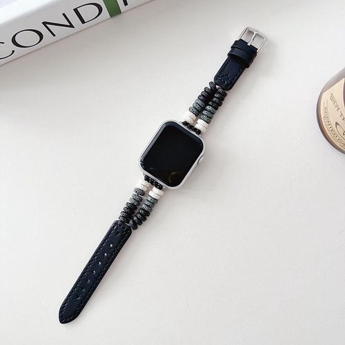 Convient Pour Apple Watch Bracelet De Montre Perlé De Couleur Bohème Iwatchs9765 Bracelet En Cuir Femme-Perles En Pierre Volcanique Grise Et Noire - 38 Mm/40 Mm/41 Mm