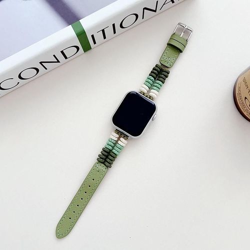 Convient Pour Apple Watch Bracelet De Montre Perlé De Couleur Bohème Iwatchs9765 Bracelet En Cuir Femme-Perles En Pierre Volcanique Vert Pomme - 38 Mm/40 Mm/41 Mm