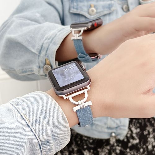 Bracelet Polyvalent En Denim Délavé Avec Boucle Papillon Pour Apple Watch Iwatch S98764-Bouton Papillon En Jean - Bleu Clair - 38 Mm/40 Mm/41 Mm