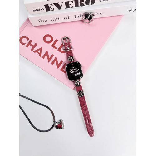 Bracelet En Cuir Rose Gaufré, Édition Limitée, Compatible Avec Apple Watch Iwatch 987 Et Série 546-Bracelet En Cuir Rose Gaufré Avec C?Ur - Cercle Unique - 40 Mm [Iwatch 4/5/6/Se]