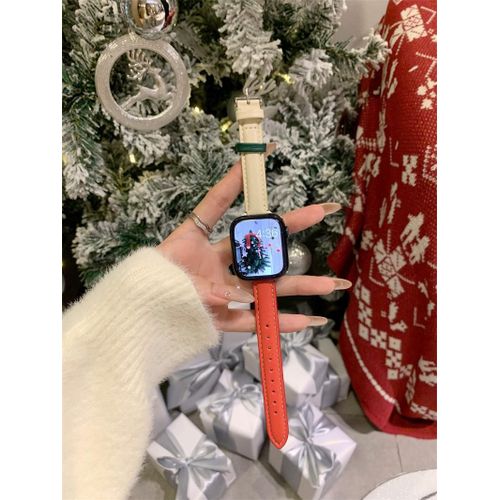 Applicable À S9iwatch87 Apple Watch Se En Cuir Souple Fin Limité Noël Nouveau Bracelet En Cuir D'agneau-Rouge Et Blanc Cassé - 38/40/41 Mm