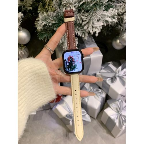 Applicable À S9iwatch87 Apple Watch Se En Cuir Souple Fin Limité Noël Nouveau Bracelet En Cuir D'agneau-Beige Avec Brun Rougeâtre - 42 Mm/44 Mm/45 Mm/49 Mm