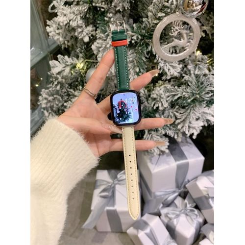 Applicable À S9iwatch87 Apple Watch Se En Cuir Souple Fin Limité Noël Nouveau Bracelet En Cuir D'agneau-Vert Et Blanc Cassé - 38/40/41 Mm
