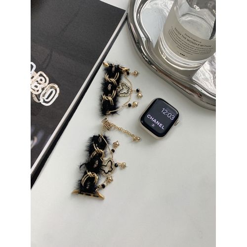 Chaîne En Peluche Légère De Luxe Pour Iwatch S9, Compatible Avec Le Bracelet Apple Watch Apple Watch 876, Petit Parfum-Fermeture Éclair En Peluche Style Plume Noir Doré 38 Mm/40 Mm/41 Mm
