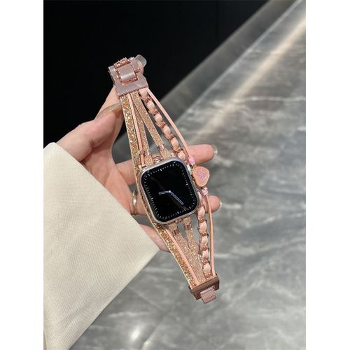 Applicable À La Montre Intelligente Apple Watch 134567 Génération 8se Bracelet Rétro En Cuir Métal Décoratif Bracelet Boucle Invisible-Rose - 42 Mm/44 Mm/45 Mm/49 Mm