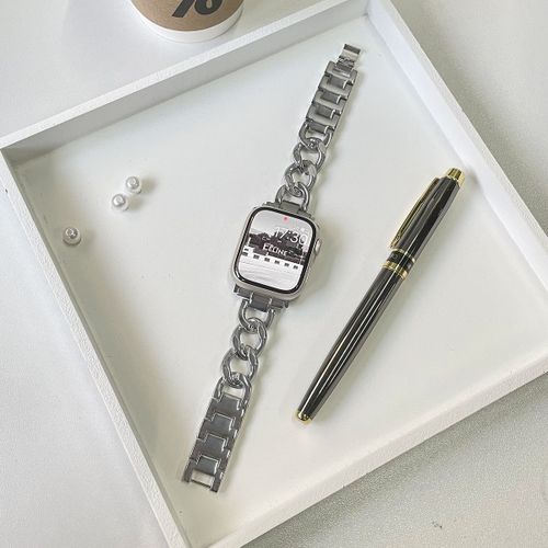 Bracelet Apple Watch Argenté Collection 98, Bracelet Apple Watch En Métal Fin À Ventouse Magnétique, Compatible Avec Iwatch765-Argent - Chaîne En Jean À Une Rangée - 38 Mm/40 Mm/41 Mm