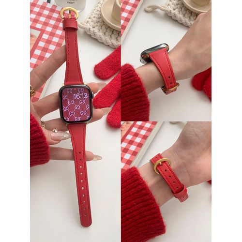 Bracelet Rouge Pour Apple Watch S9, Compatible Avec Apple Watch 87654-Petite Boucle En Fer À Cheval En Cuir - 38 Mm/40 Mm/41 Mm