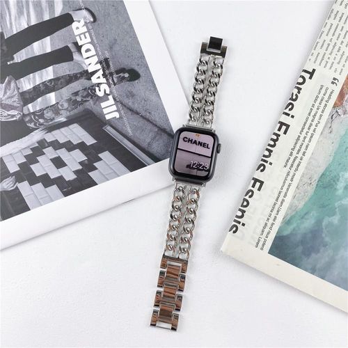 Applicable À Apple Watch Bracelet Applewatch S9iwatch876541 Génération Se Chaîne En Denim À Double Rangée En Métal-Argent-38 Mm/40 Mm/41 Mm