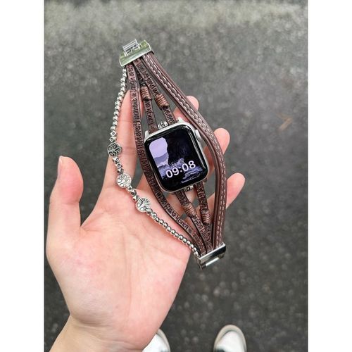 Convient Aux Montres Apple Watch 9 Et Iwatch 876e Génération Se, Bracelet En Cuir Et Métal Perlé Pour Hommes Et Femmes-Marron-42/44/45/49mm Universel