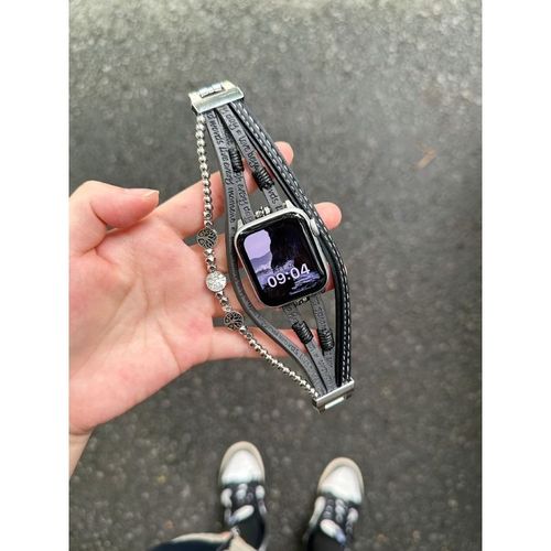 Convient Aux Montres Apple Watch 9 Et Iwatch 876e Génération Se, Bracelet En Cuir Et Métal Perlé Pour Hommes Et Femmes-Gris-38/40/41 Mm Universel