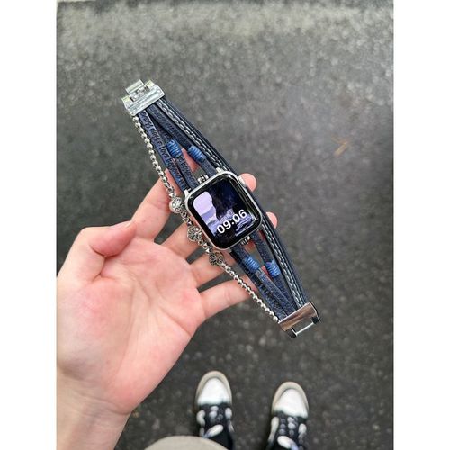 Convient Aux Montres Apple Watch 9 Et Iwatch 876e Génération Se, Bracelet En Cuir Et Métal Perlé Pour Hommes Et Femmes-Bleu-42/44/45/49 Mm Universel