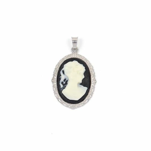 Pendentif 'camee' Bord Travaillé Noir Argent 925°°° Rhodié