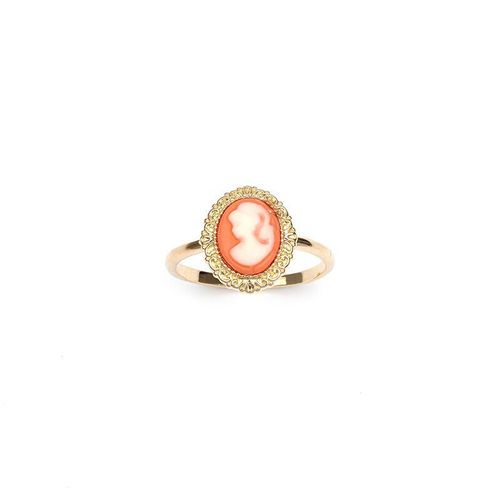 Bague Camée Fond Rose Bord Travaillé Taille 52 Plaqué Or 750/000