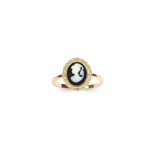 Bague Camée Fond Noir Bord Travaillé Taille 52 Plaqué Or 750/000