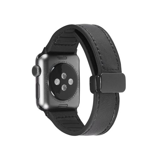 Boucle Magnétique En Cuir Grainé Crazy Horse Compatible Avec Apple Watch Iwatch 9 Retro 8741 En Silicone Ultra-Noir Mat - 38 Mm/40 Mm/41 Mm