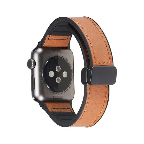 Boucle Magnétique En Cuir Grainé Crazy Horse Compatible Avec Apple Watch Iwatch 9 Retro 8741 En Silicone Ultra-Jaune Brun - 42 Mm/44 Mm/45 Mm/49 Mm