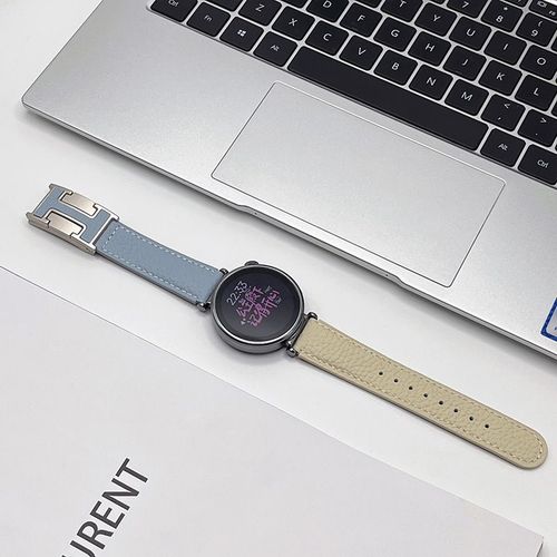 Montre Classique Pour Homme Et Femme En Cuir Grainé Litchi Avec Boucle En H Pour Huawei Gt5 Watch43gt4gt3progt21-Beige Et Bleu Clair - Compatible Avec : Huawei Gt4-41 Mm