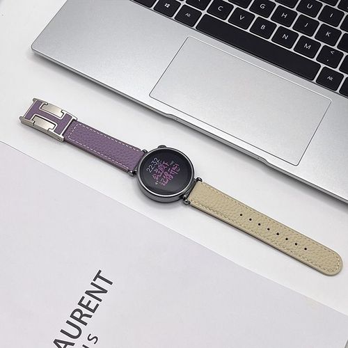Montre Classique Pour Homme Et Femme En Cuir Grainé Litchi Avec Boucle En H Pour Huawei Gt5 Watch43gt4gt3progt21-Beige Et Violet - Compatible Avec : Huawei Gt3pro-43 Mm