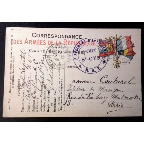 14-18 : Carte De Correspondance Des Armées Avec Cachet Militaire "4ème Régiment D'artillerie * Rat * Fort St-Cyr"