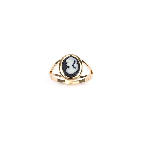 Bague Camée Fond Noir Bord Lisse Taille 58 Plaqué Or 750/000