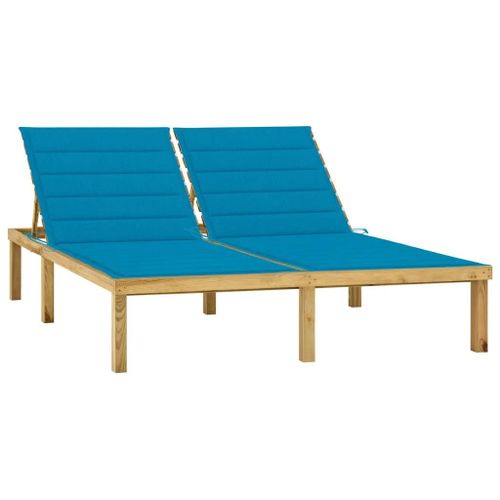 Prolenta Premium - Chaise Longue Double Et Coussins Bleu Bois De Pin Imprégné
