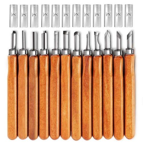 Ensemble de couteaux à sculpter sur bois pour débutants ¿ 12 outils, acier carbone SK5, poignées confortables, idéal pour divers projets