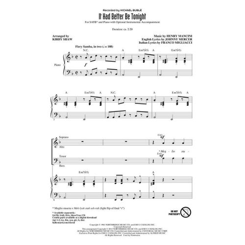 Henry Mancini_Johnny Mercer : It Had Better Be Tonight - Partitions Pour Chorales Satb Hl00118818