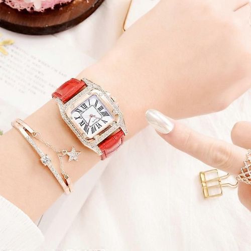 Femmes Tonneau Carré Sangle Montre À Quartz, Couleur : Rouge + Bracelet