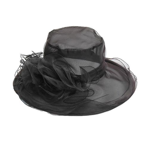 Vintage Femmes Derby Chapeau Organza Bibis Layered Mesh Fleur Décor Couleur Pure Large Brim Plat Top Tea Party Bal Mariage Gatsby Casque Chapeau D¿Été