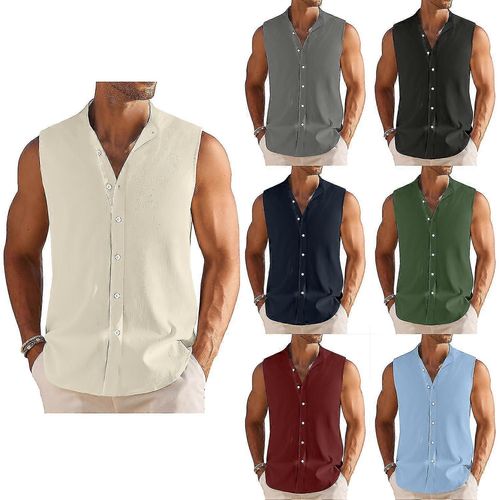 Débardeurs De Plage D'Été Pour Hommes Chemise Boutonnée Sans Manches Débardeurs Texturés Décontractés -Gsl