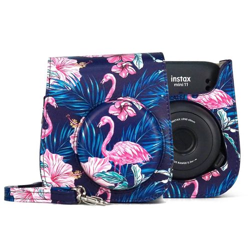 Sac photo à motif flamant rose avec bandoulière pour Fujifilm Instax mini 11 Pour Fujifilm Instax mini 11 (fond noir)
