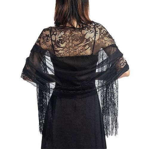 185x63cm Femme Années 1920 Foulard Enveloppements Hollow Out Crochet Dentelle Florale Frangé Tassels Mariage Cape Soirée Fête Châle Vintage