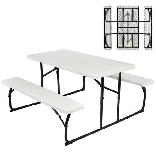 Costway Table Camping Avec 2 Bancs Pliable - 4 À 6 Personnes- Pour Pique-Nique-Camping Blanc