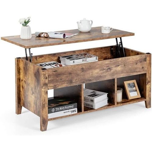Table Basse - Costway - Plateau Relevable - 3 Compartiments Ouverts - Style Industriel - Brun