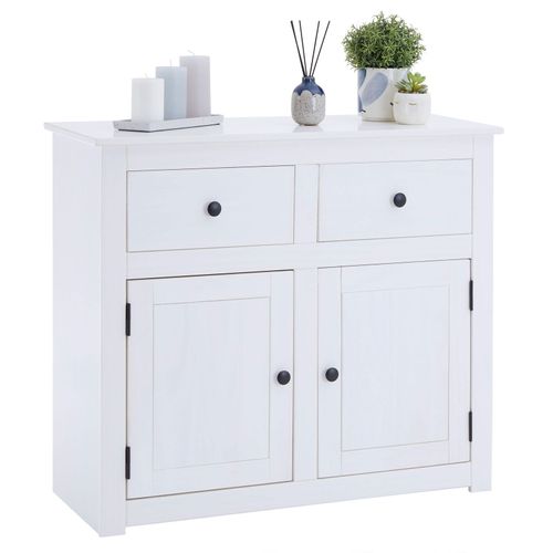 Buffet Blanc Paulo Bahut En Pin Massif Avec 2 Tiroirs Et 2 Portes