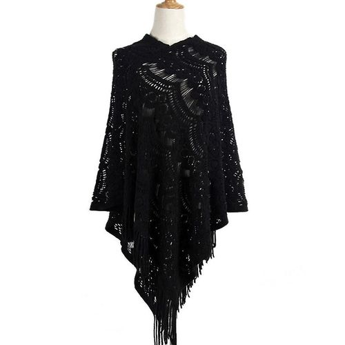 Femmes Automne Hollow Out Crochet Batwing Pull Cape Pullover Tricot Châle Foulard Couleur Unie Frange Glands Ourlet Asymétrique Poncho Wrap
