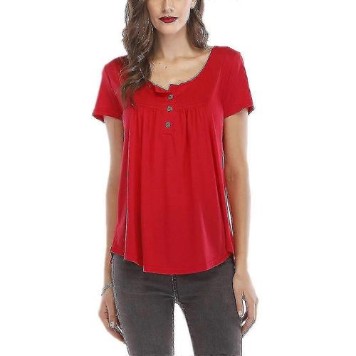 Femmes Unis Boutons Solides Tops T-Shirt Plissé Manches Courtes Décontracté Crew Neck Tee Blouse Plus Taille