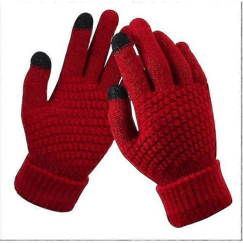 Dames Enfants Hiver Écran Tactile Gants Polaire Chaud Doublure Tricoter Gants Manchette Élastique Hiver Gants De Texting Rouge
