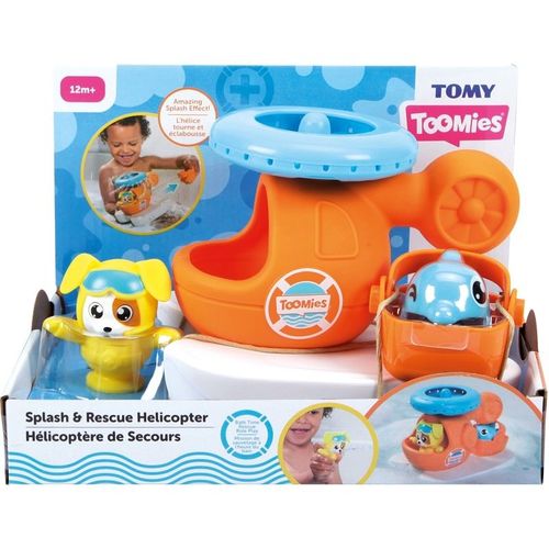 Toomies- Tomy E73305c Bain Hélicoptère De Secours Tourne Dans L'eau-Jouet Flottant Avec Pilote Gicleur-Seau De Sauvetage Et Dauphin Avec Bec Verseur-A Partir De 1 An